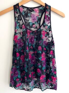 Guess Black Sheer Floral Lace Flowy Tank Party Casual Going Out